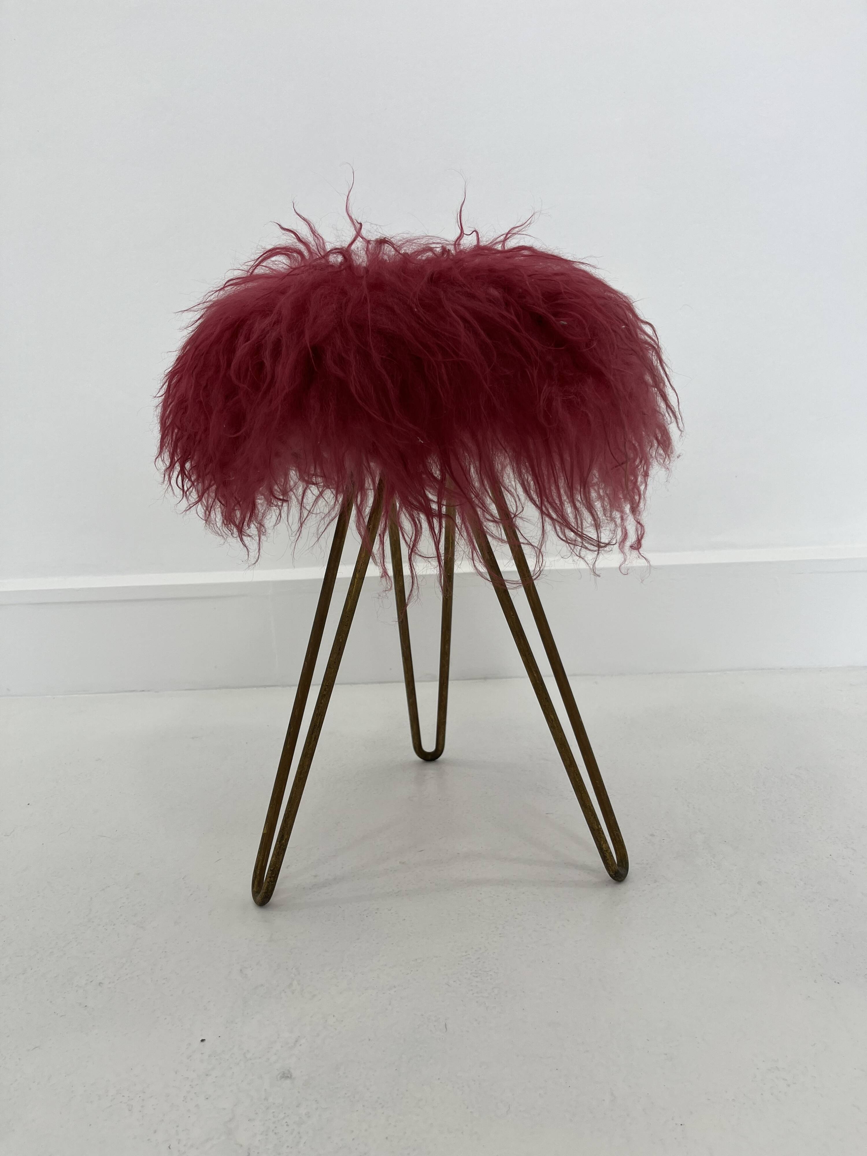 Midcentury Modern Red Flokati Stool, 1950