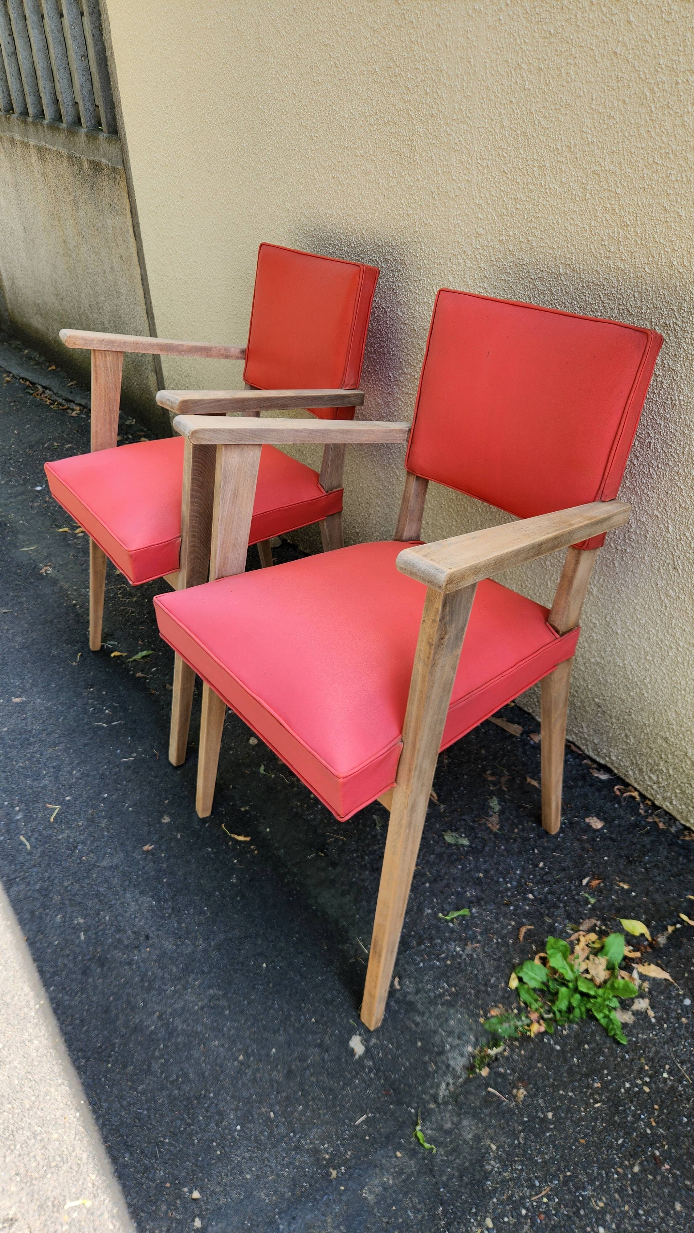 Pair of Vintage Bridge Armchairs Red & Wood 1950s