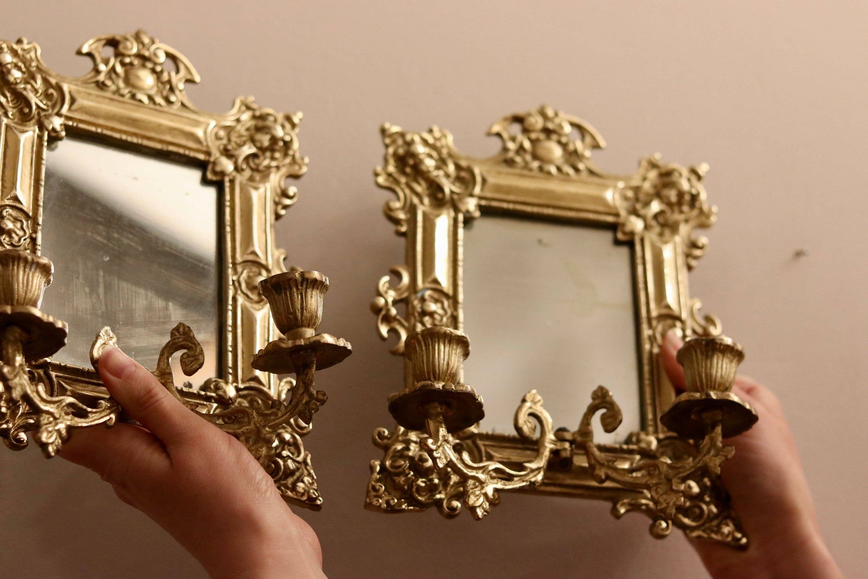 Appliques en laiton antique avec miroirs, Suède