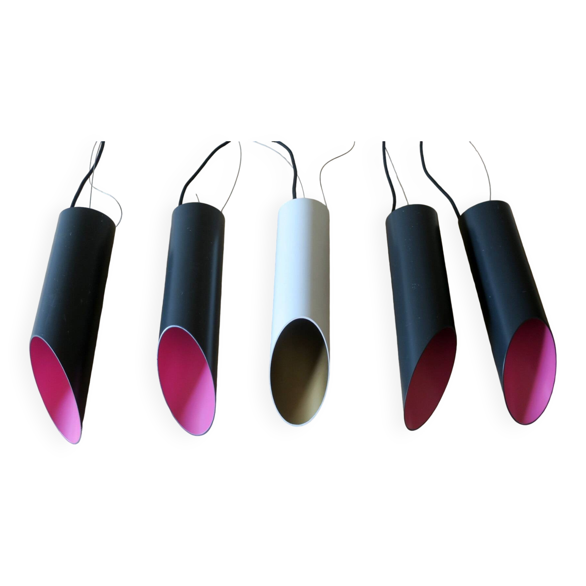 Set of 5 multicoloured cylindrical bar pendant lights, 1970s