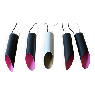 Set of 5 multicoloured cylindrical bar pendant lights, 1970s