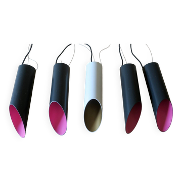 Set of 5 multicoloured cylindrical bar pendant lights, 1970s