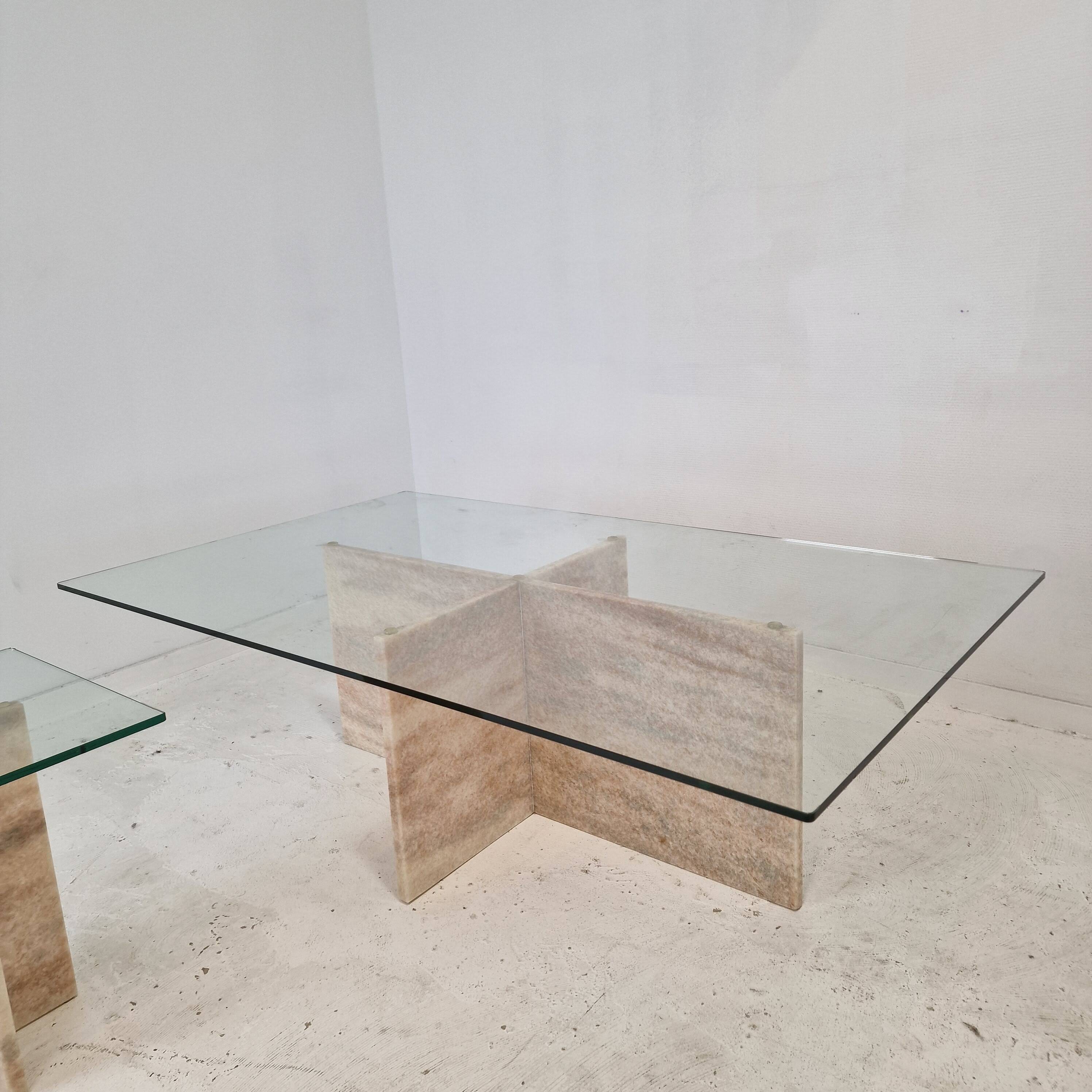 Set of 3 Italian Marble Coffee or Side Tables with Glass, 1980s