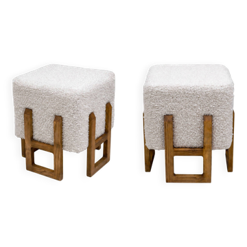 Pair of Italian Modernist Ash Wood Stools Upholstered in White Bouclé