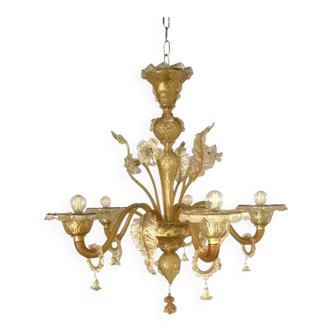 Venetian transparent and amber glass chandelier with flowers