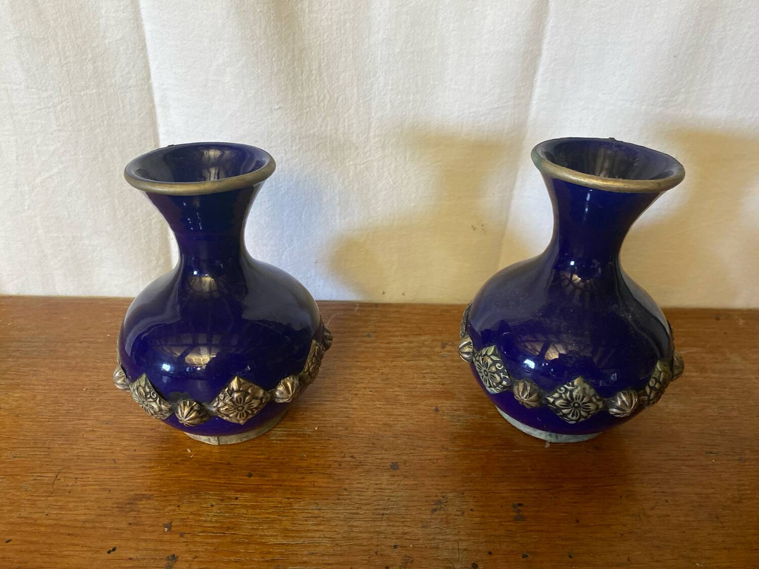 Pair of antique cobalt blue ceramic vases + vintage metal decor