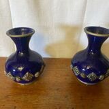 Pair of antique cobalt blue ceramic vases + vintage metal decor