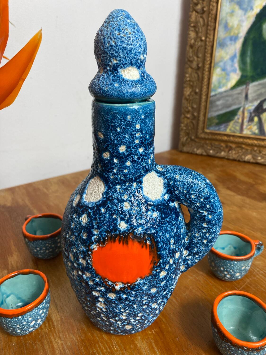 Liqueur service, ceramic, sea foam, Vallauris