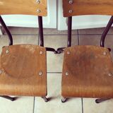 Duo of brown child school chairs