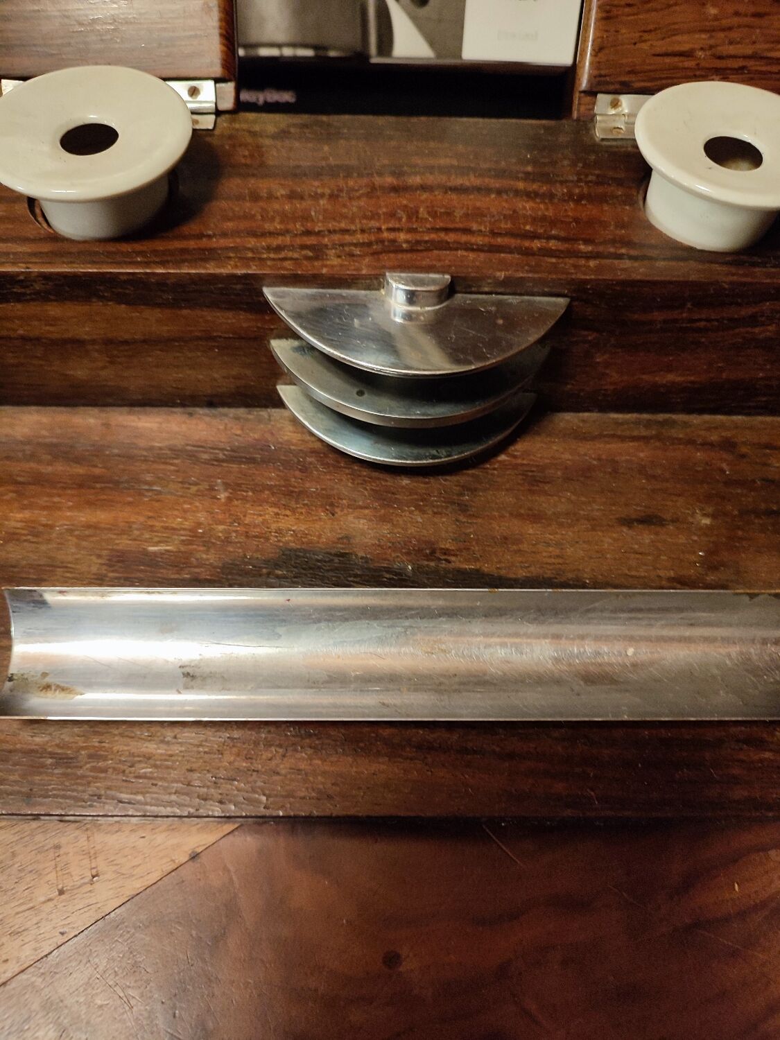 Wood inkwell and zinc complete with porcelain inkwells