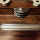 Wood inkwell and zinc complete with porcelain inkwells