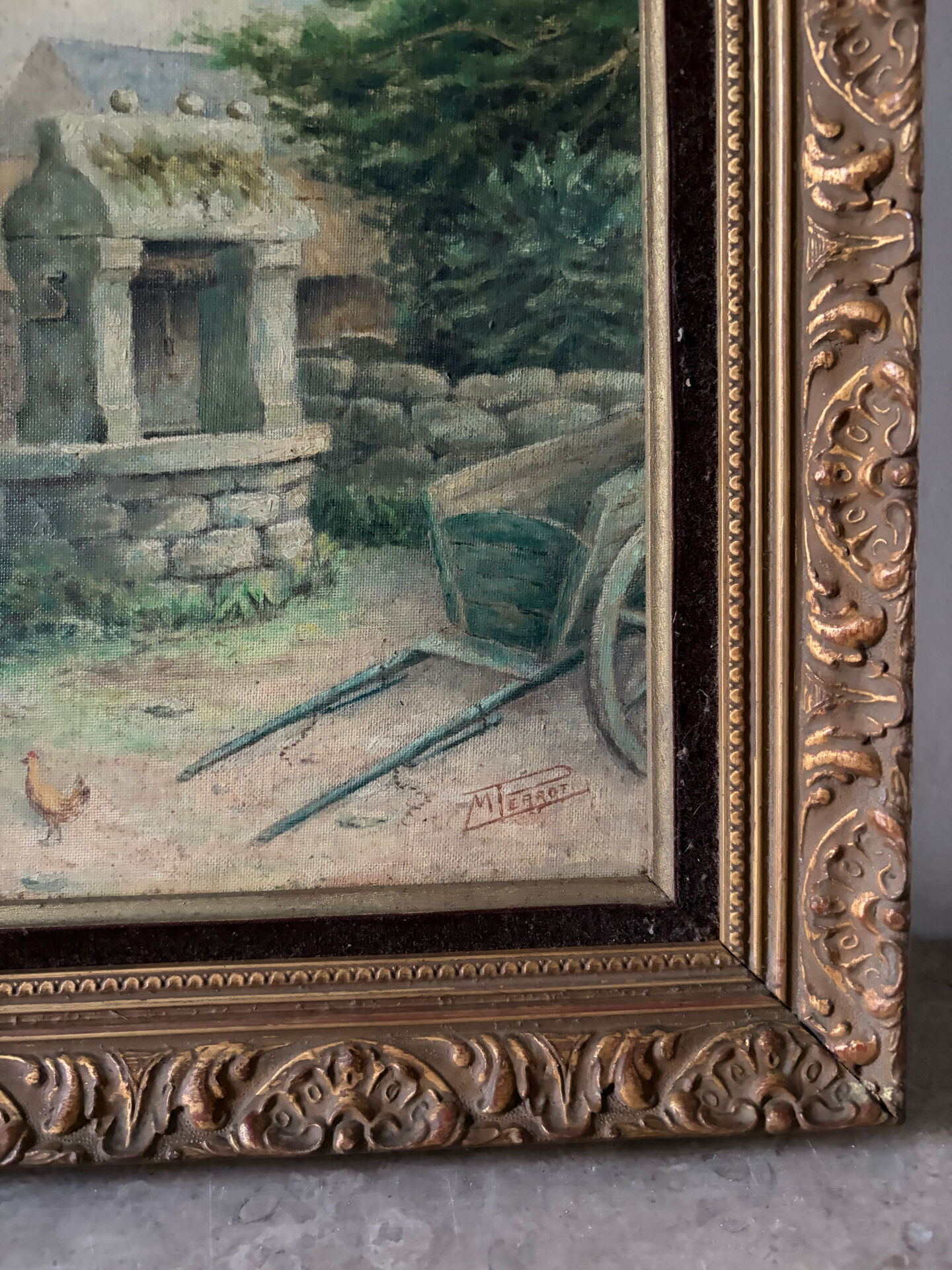 Oil on canvas "Village courtyard with chickens", signed.