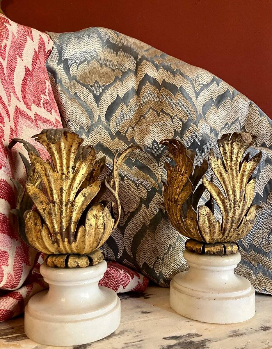 Florentine Renaissance Gilded Iron Acanthus Leaf Candleholders on Carrara Marble Bases, Set of 2