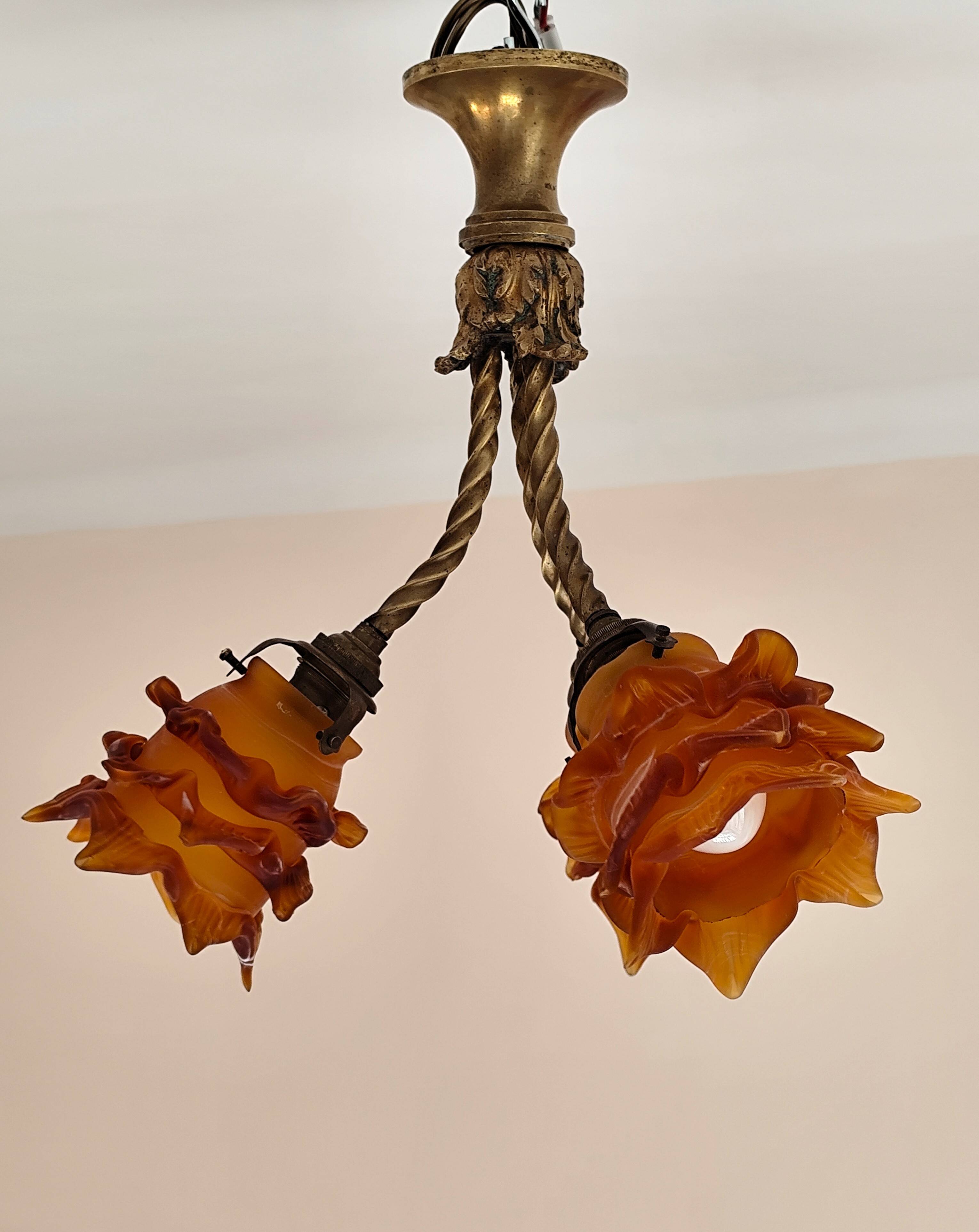 chandelier in Rococo style made of gilded bronze with 3 branches and tulips