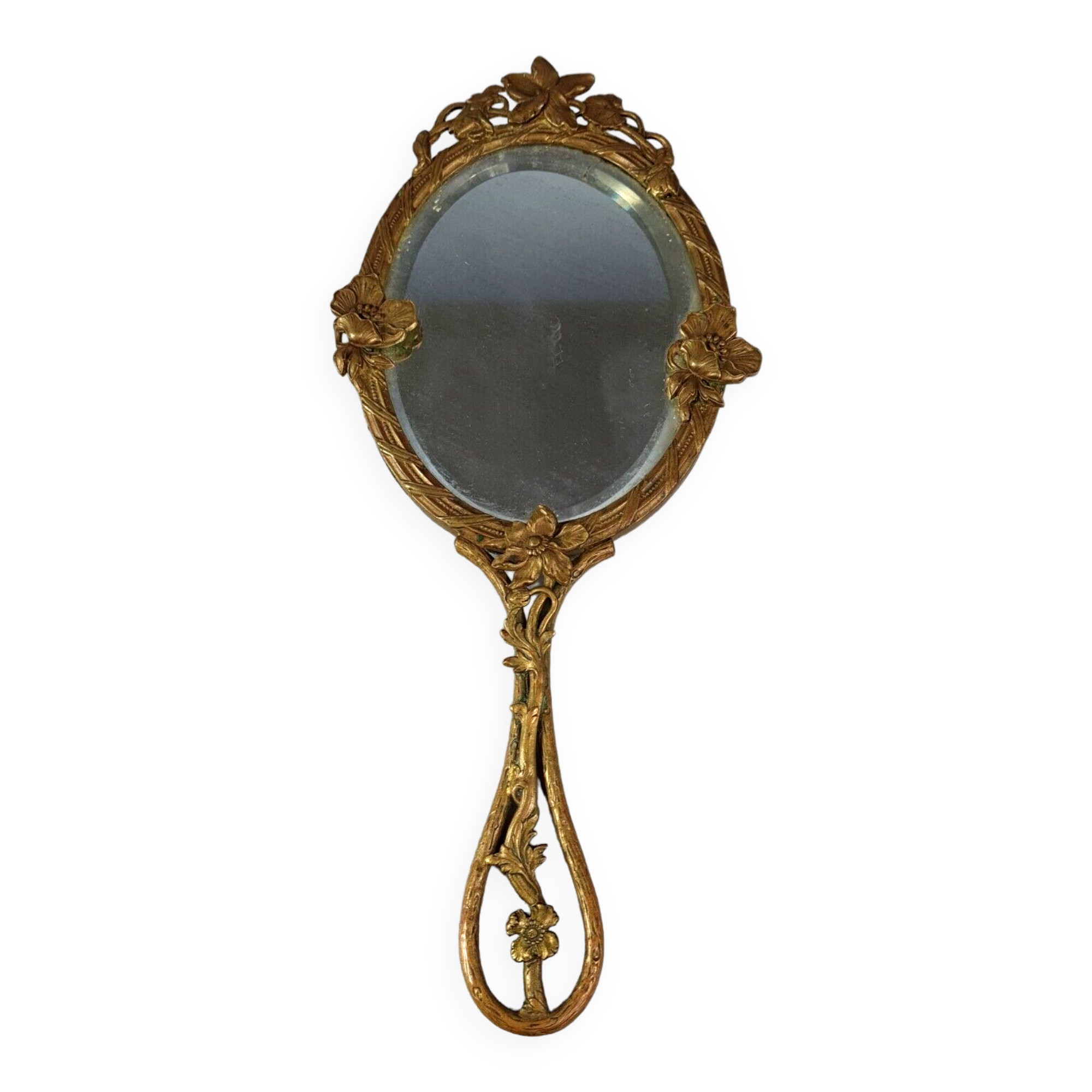 Miroir biseauté face à main ou à suspendre bronze vers 1900 SB152