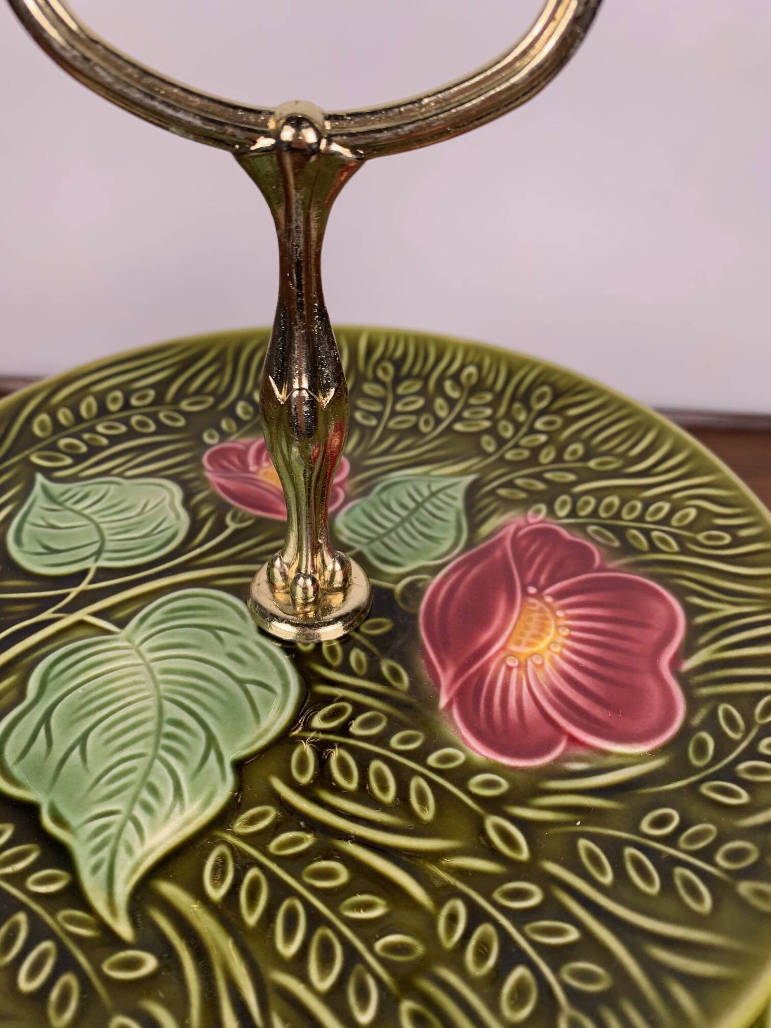 2-tiered majolica server/tray, Sarreguemines, early 20th century