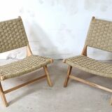 Pair of low armchairs in wood and woven rattan