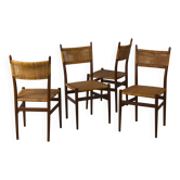 Set of 4 Italian teak and rattan dining chairs