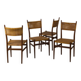 Ensemble de 4 chaises de salle à manger italiennes en teck et rotin
