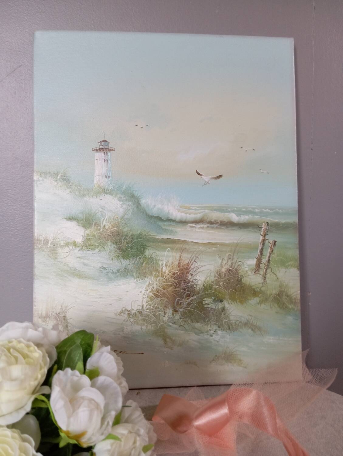 Oil on canvas seascape ocean, lighthouse and beach, signed J. Thompson