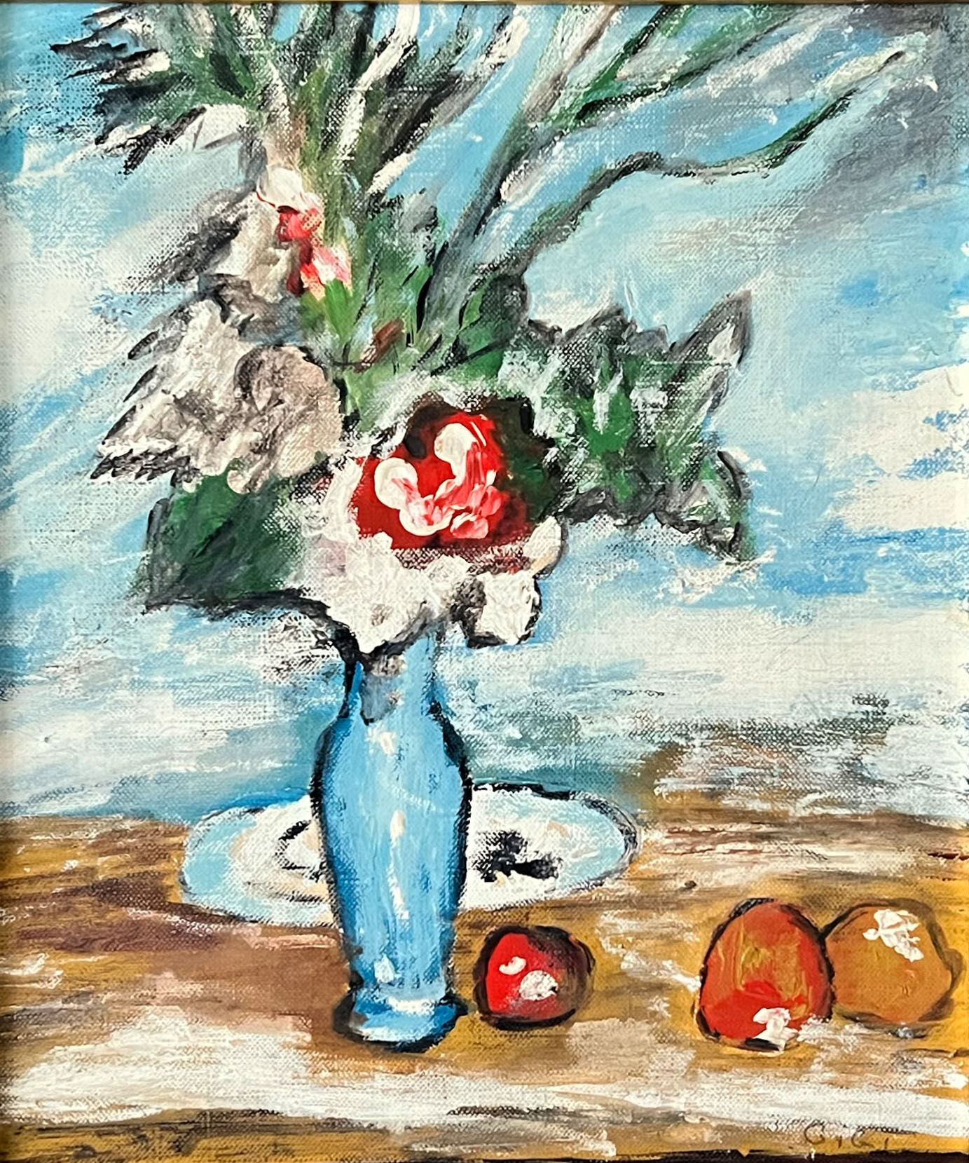 " The bouquet and the fruits " Oil on canvas cardboard