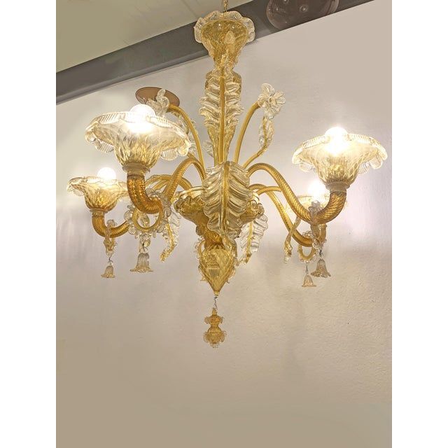 Venetian transparent and amber glass chandelier with flowers