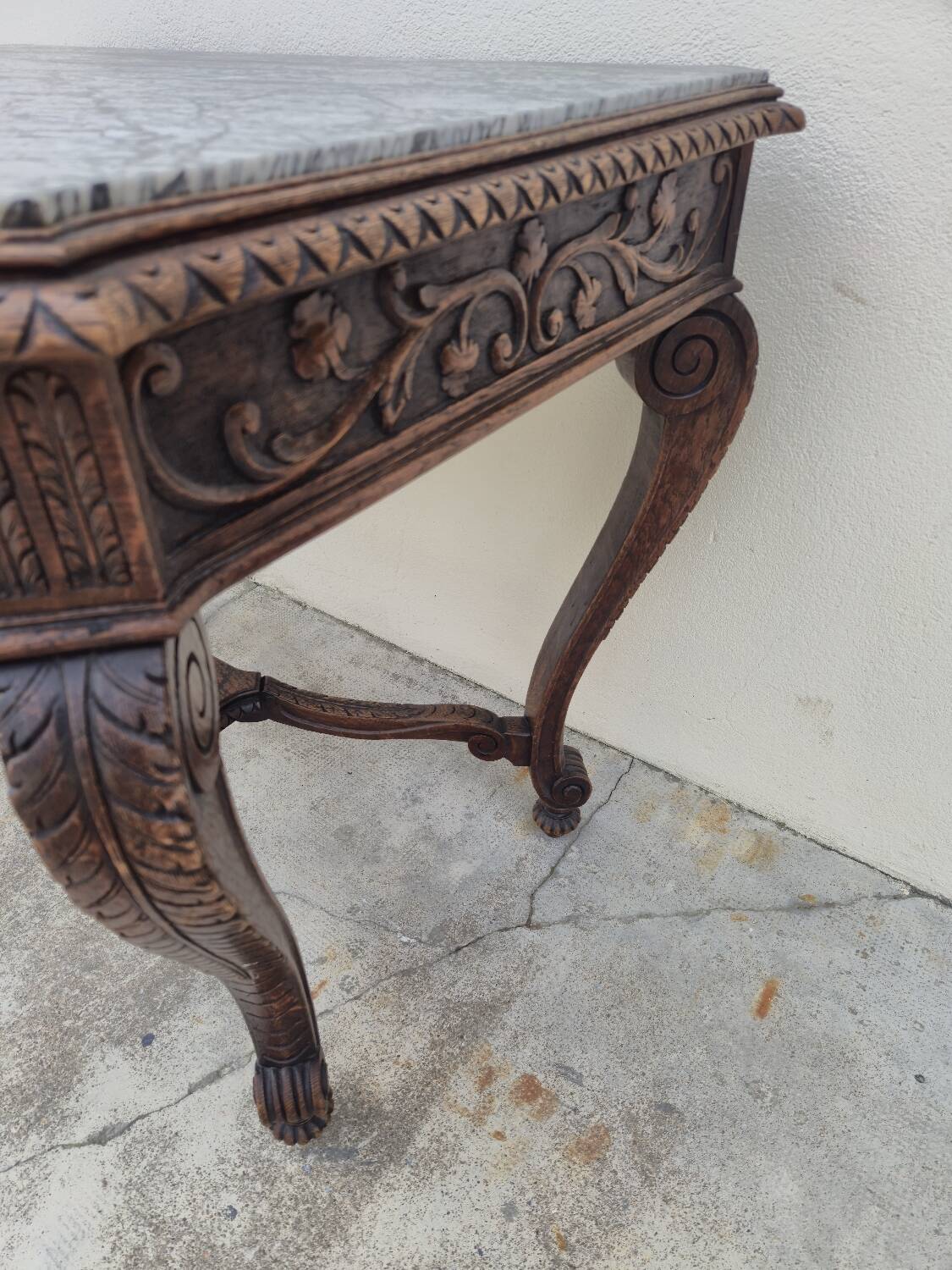 Louis XV style game table in solid oak and richly decorated marble