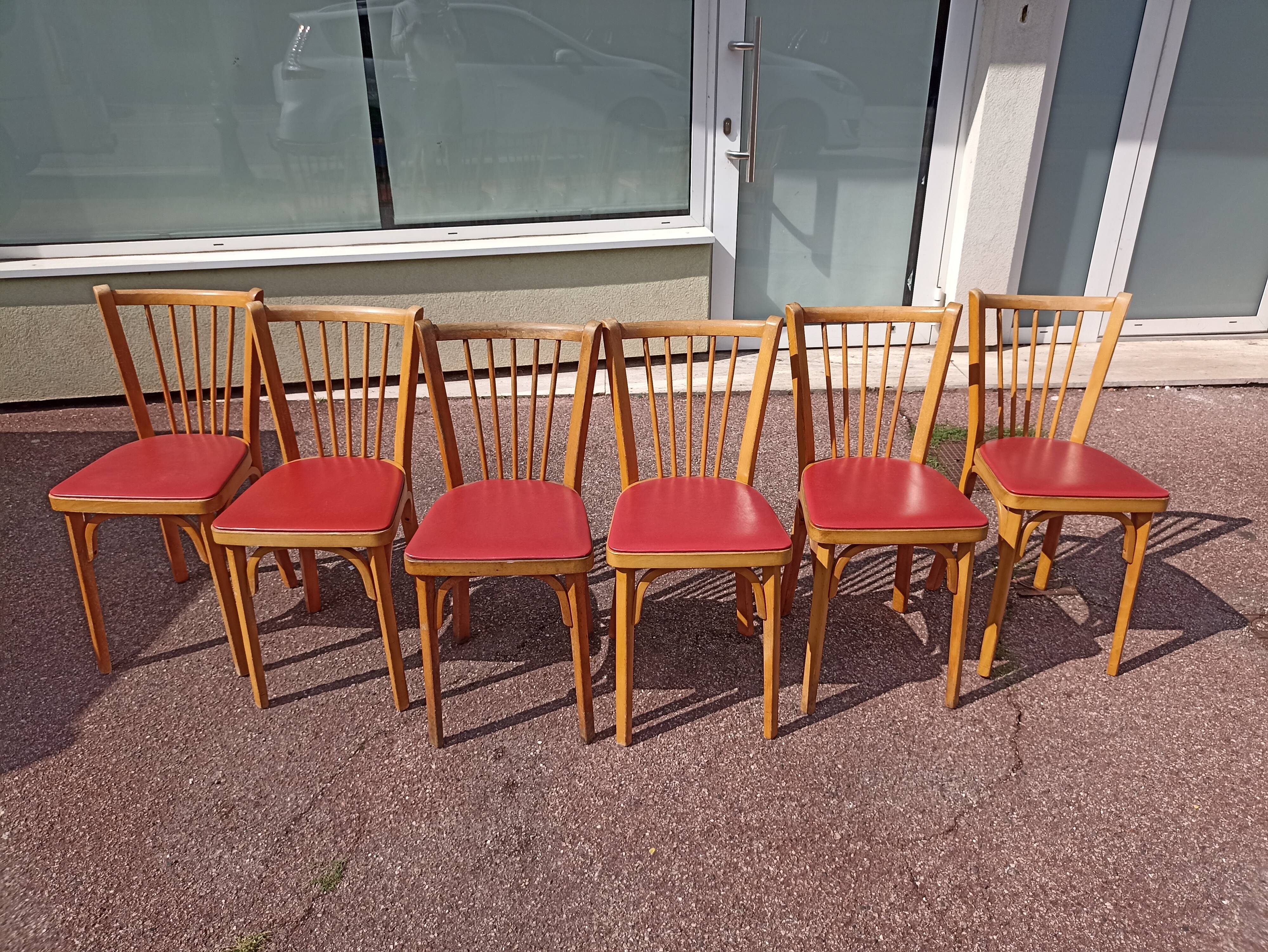 6 baumann bistro chairs wood and skaï red - vintage