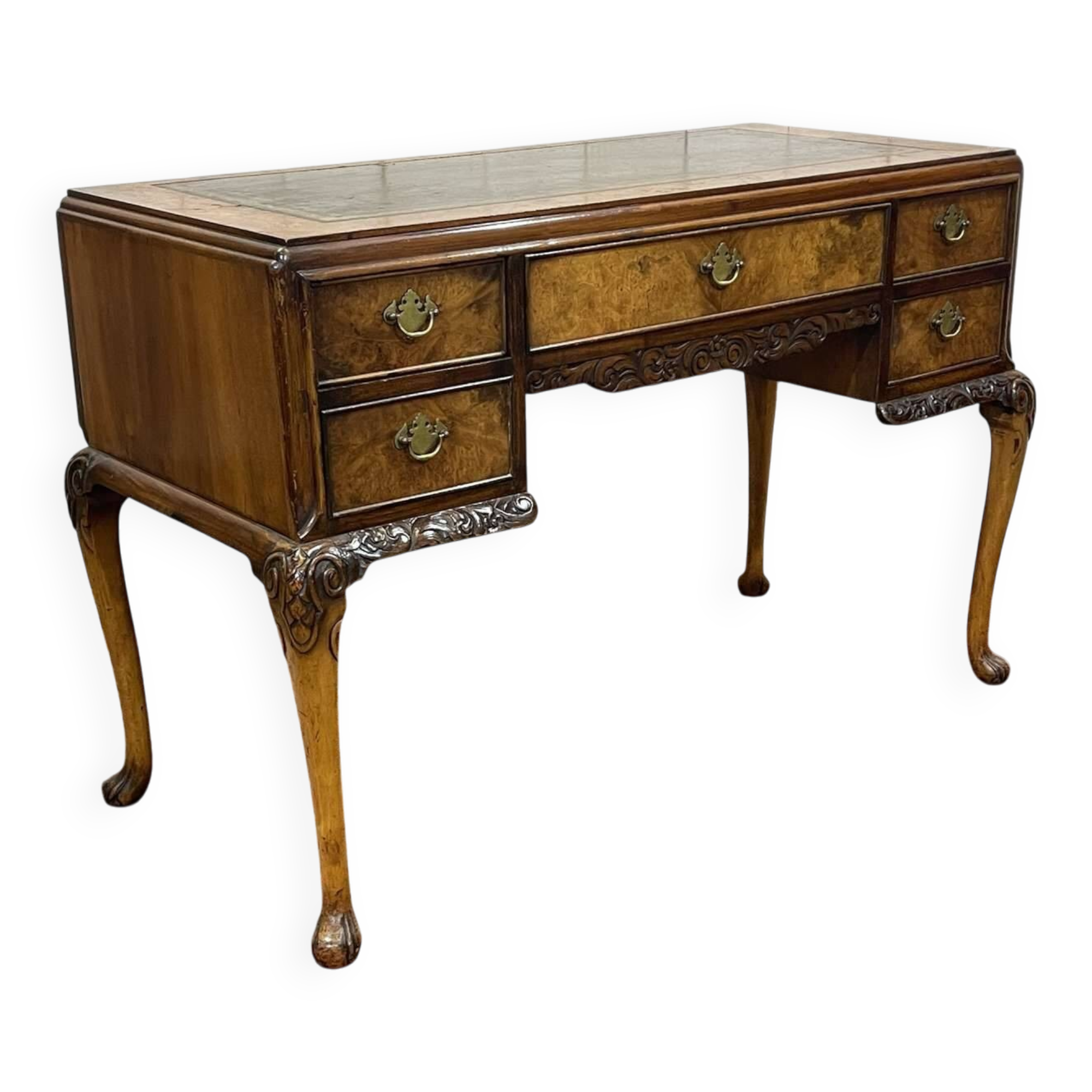 1930s Chippendale English desk in burr walnut