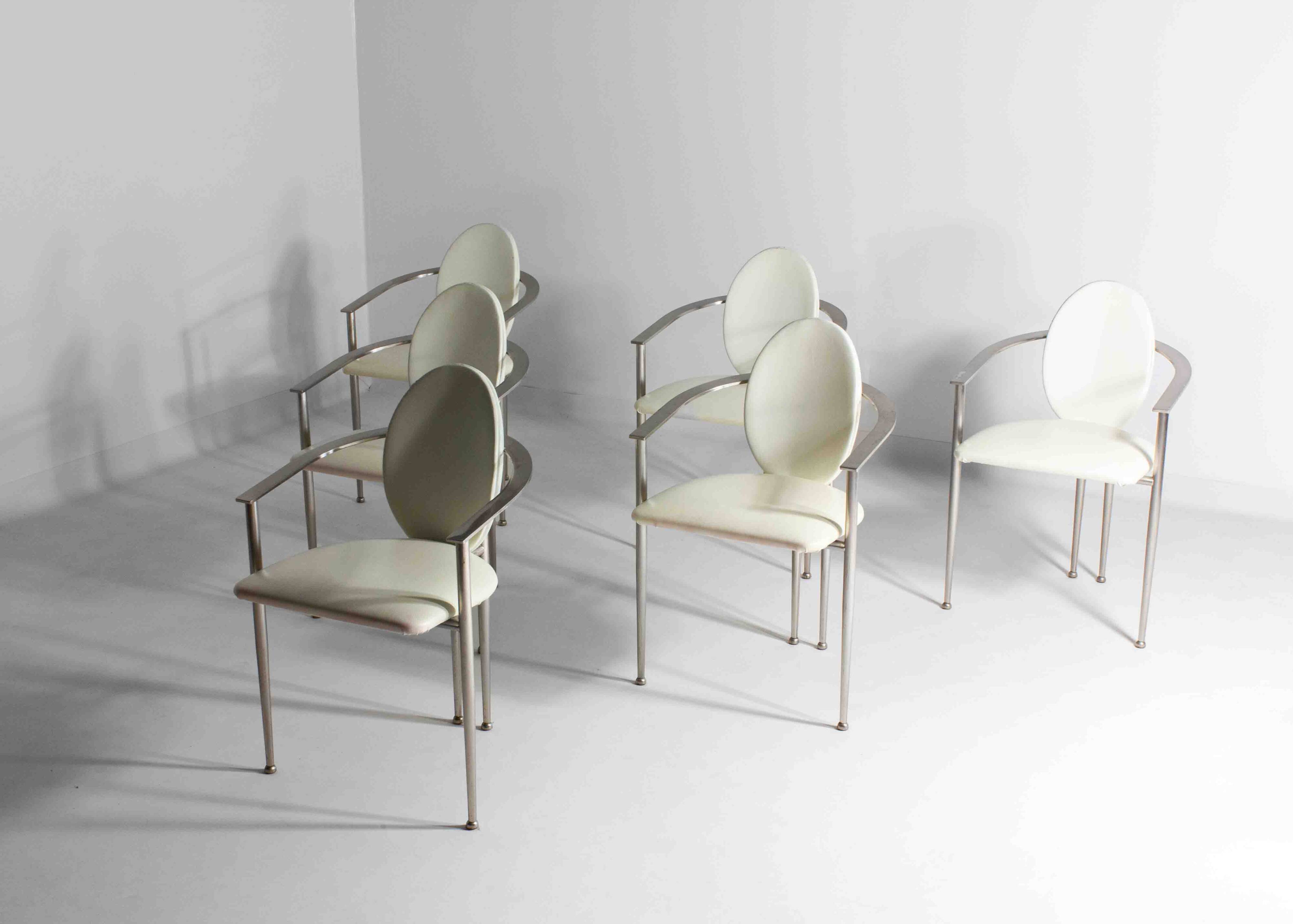 Postmodern dining chairs in steel and white leather, Belgium 1980s