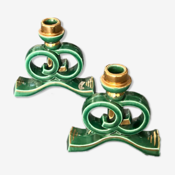 Green and gold candle holders in glazed ceramic