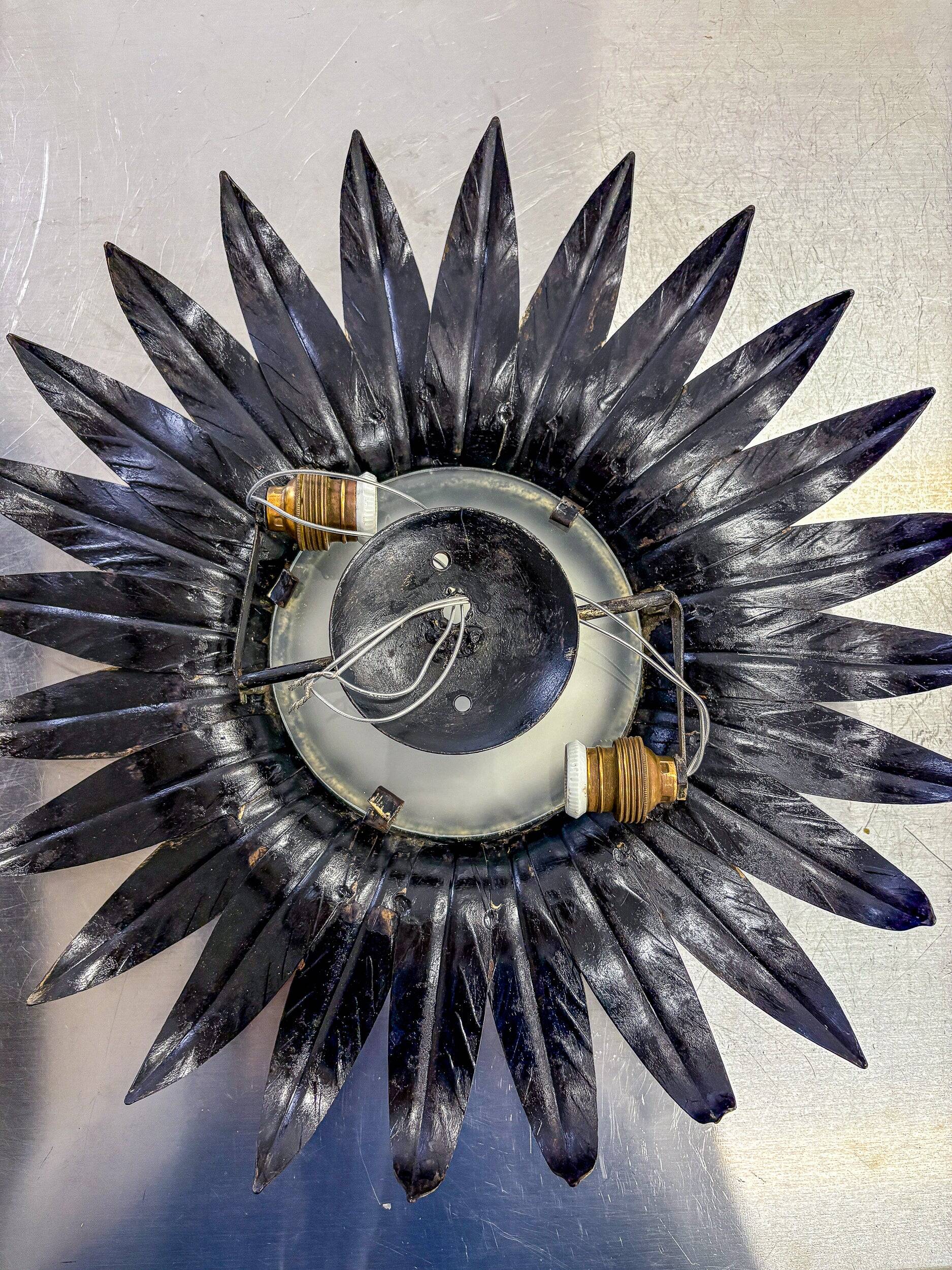 Spanish sunburst foliage ceiling light fixture in gilt iron, 1960s