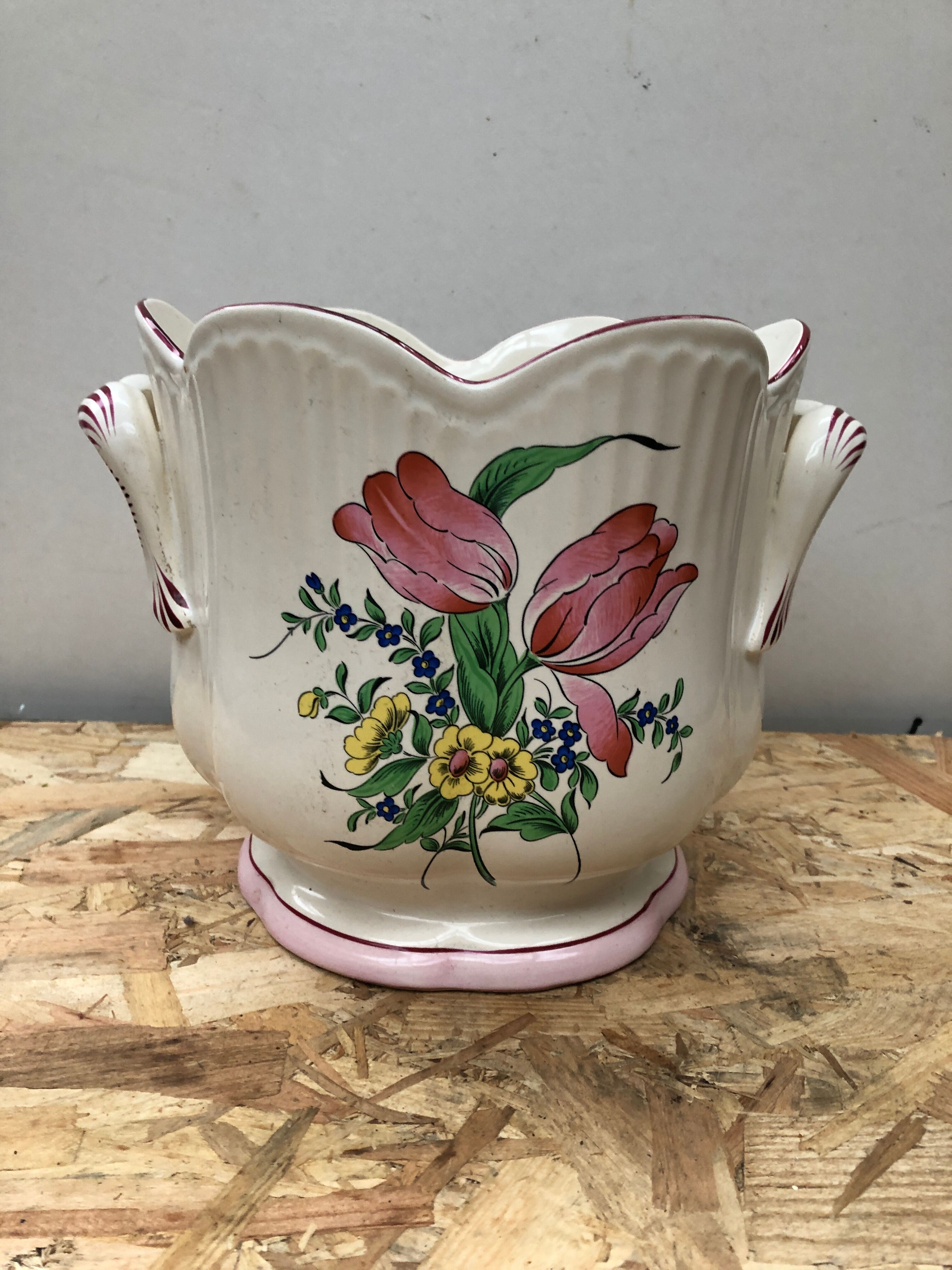 Old Cache Pot K&G LUNEVILLE Ceramic White Decoration Vintage Flowers