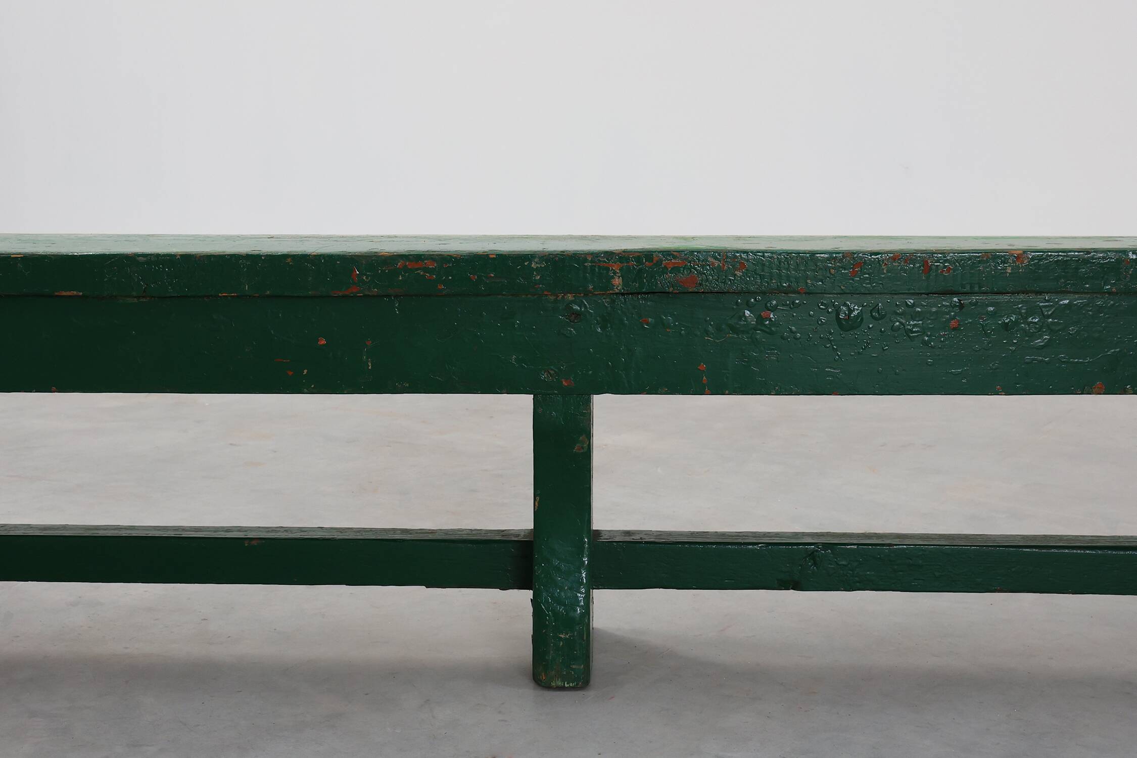 Rustic primitive green farmhouse bench in solid oak, France ca. 1900