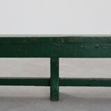 Rustic primitive green farmhouse bench in solid oak, France ca. 1900