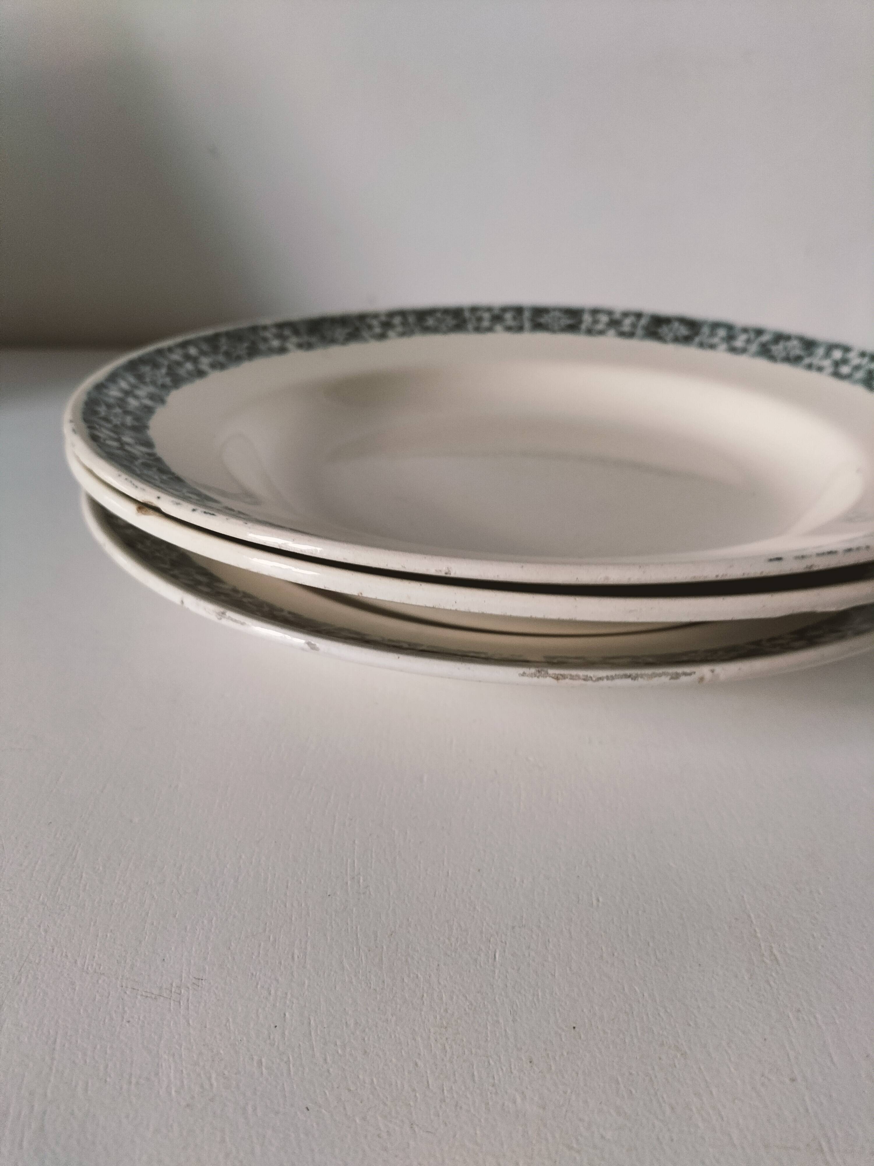 Trio of plates (2 soup plates, 1 dinner plate) Longchamp René, duck egg blue decoration