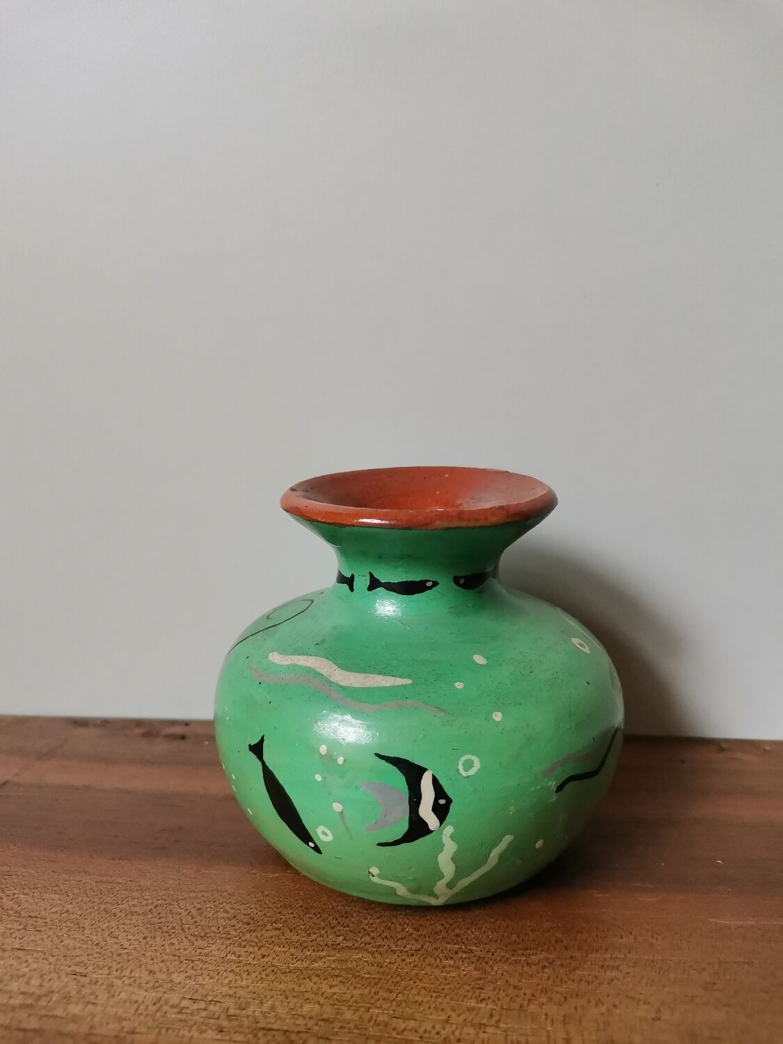 Vintage enamelled vase hand painted fish pattern
