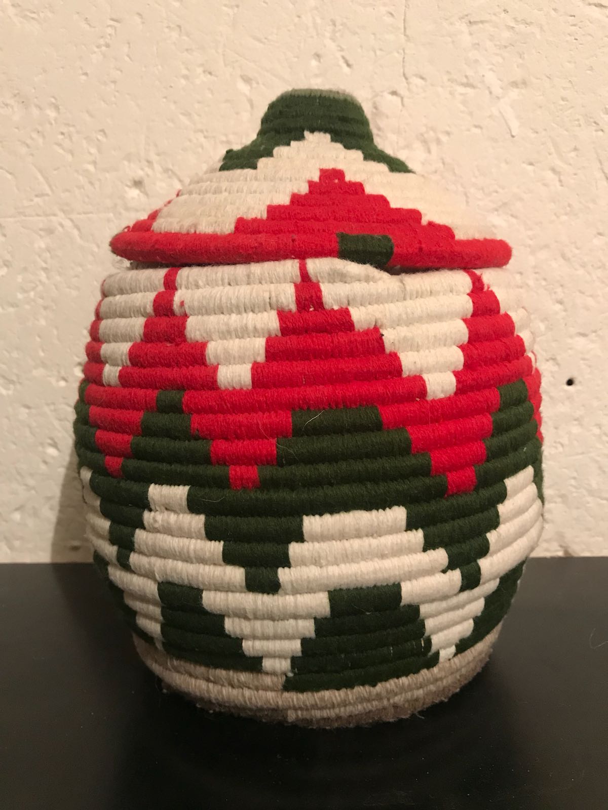 Berber red and white wool and raffia basket