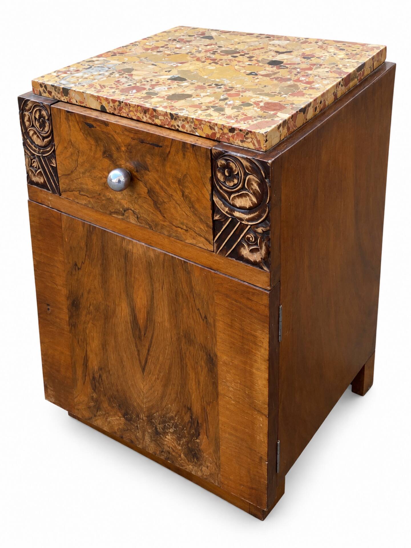 Ensemble coiffeuse 1930 Art Déco en Noyer avec dessus marbre et chevet