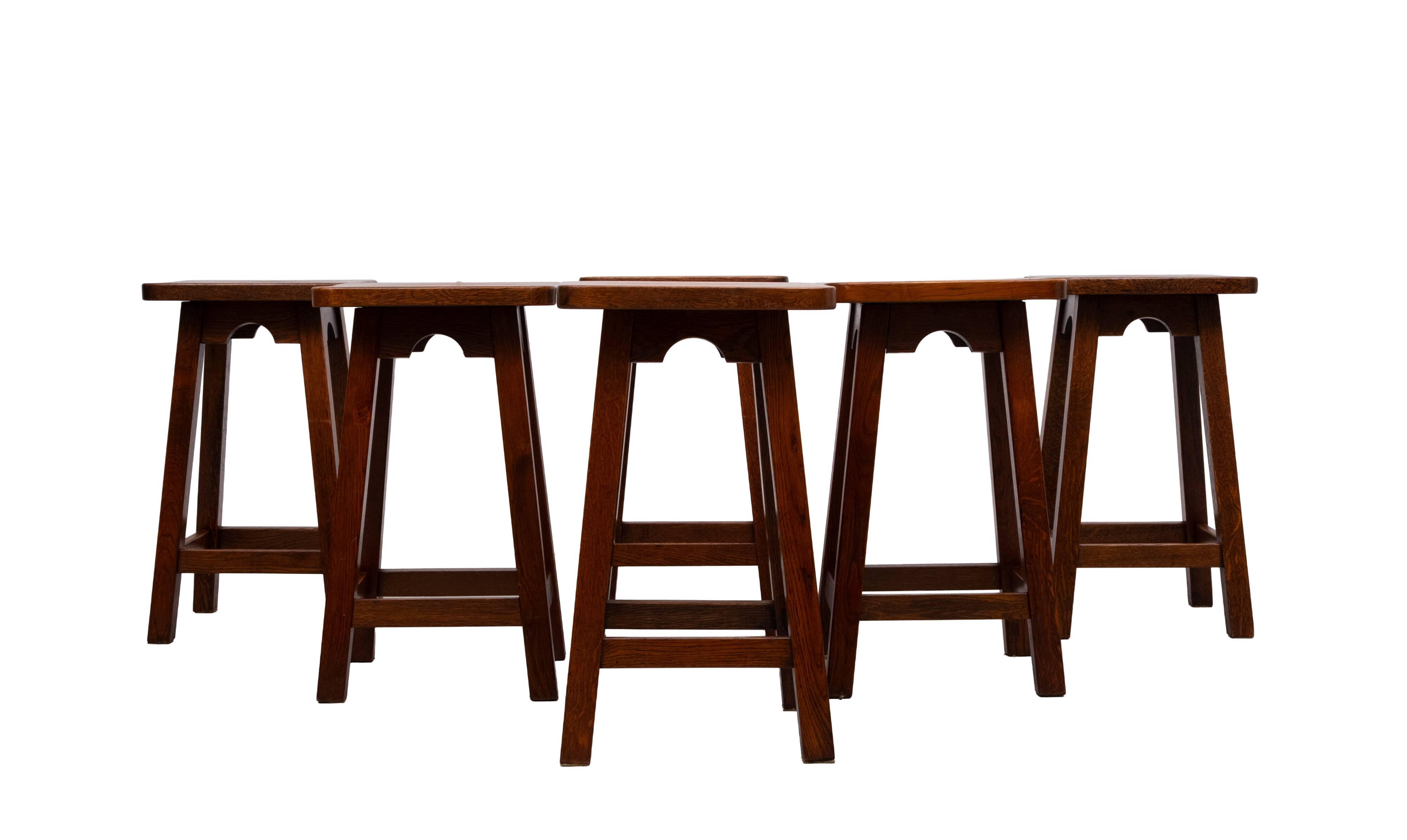 set of 6 Brutalist Solid Oak stools 1970s Holland