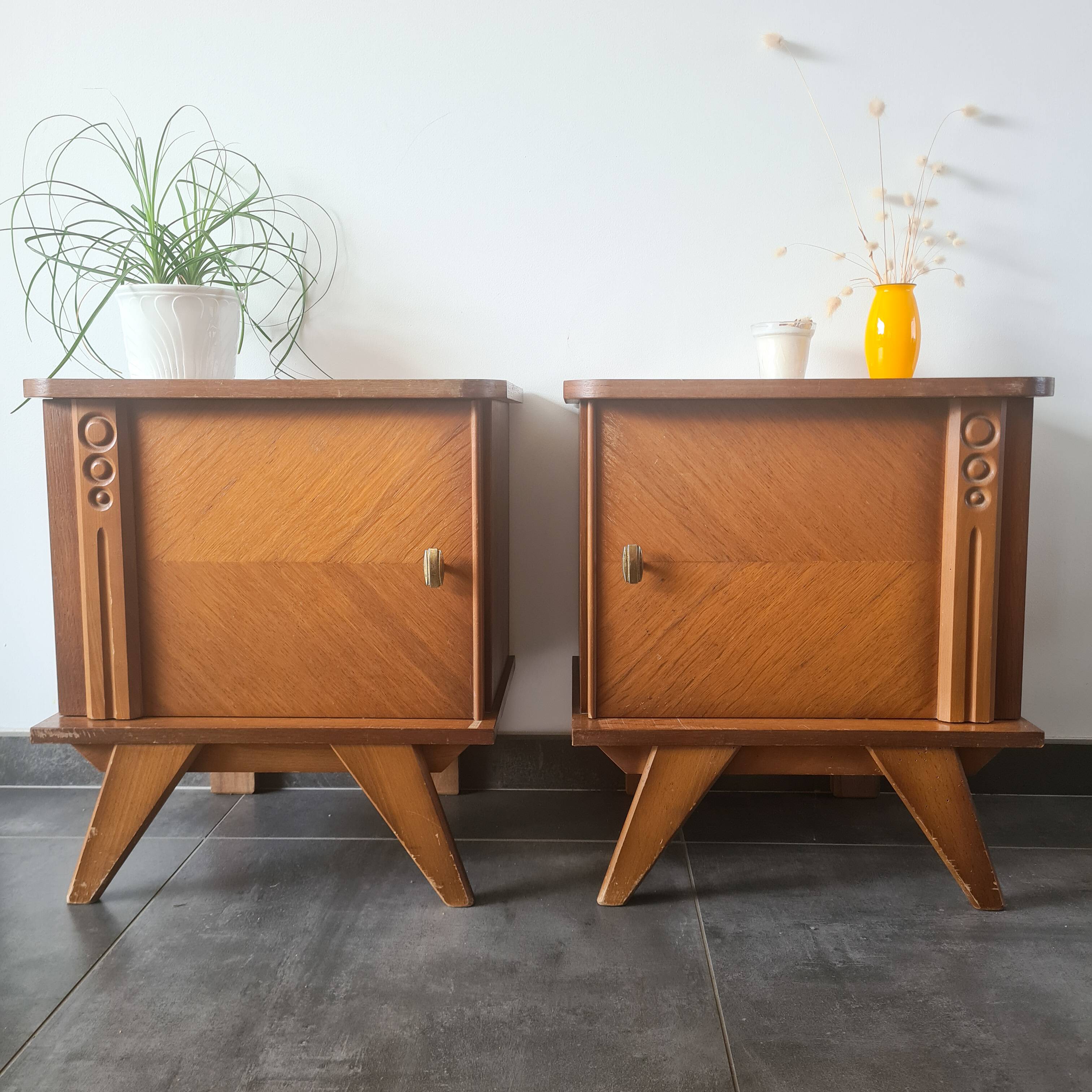 Pair of retro bedside tables with beveled legs