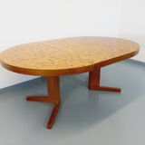 Vintage round dining table from the 60s 70s in solid wood mosaic teak and walnut with extension