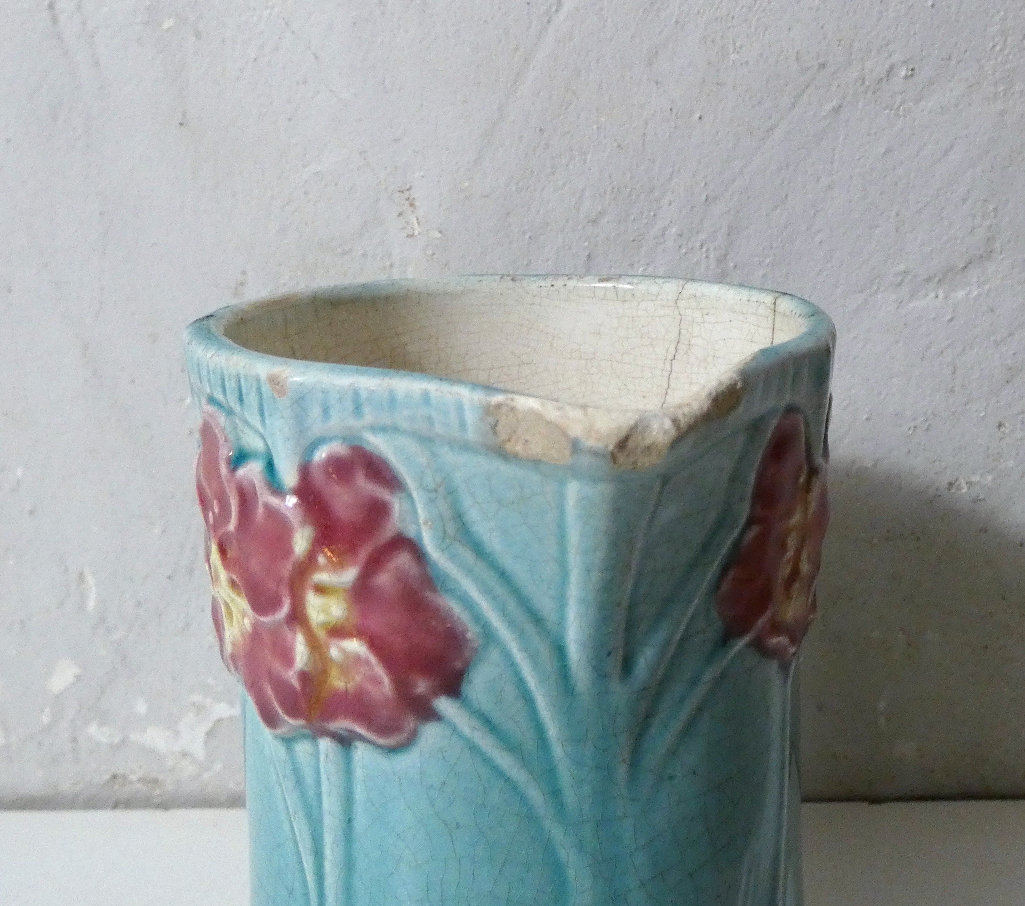 Antique Art Deco turquoise flowered slipware jug vase