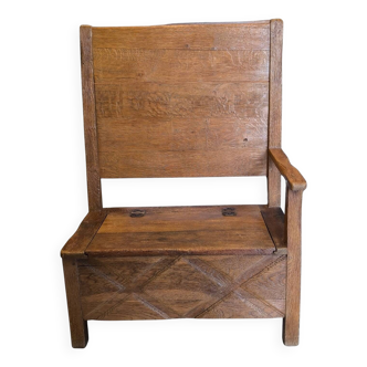 Fauteuil-banc ancien en chêne massif avec coffre – XIXe