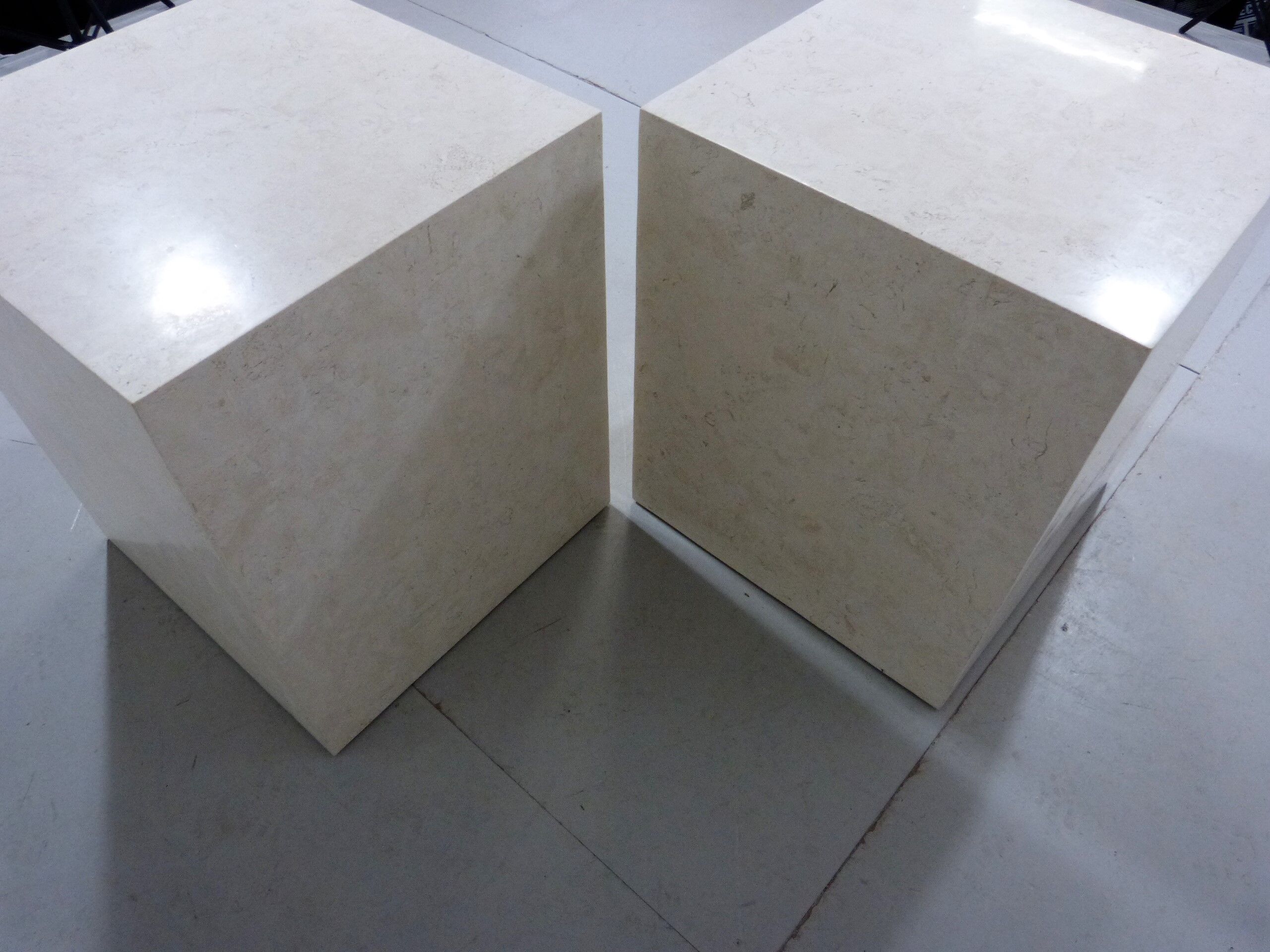 Set of 2 Italian travertine pedestals or side tables 1980’s