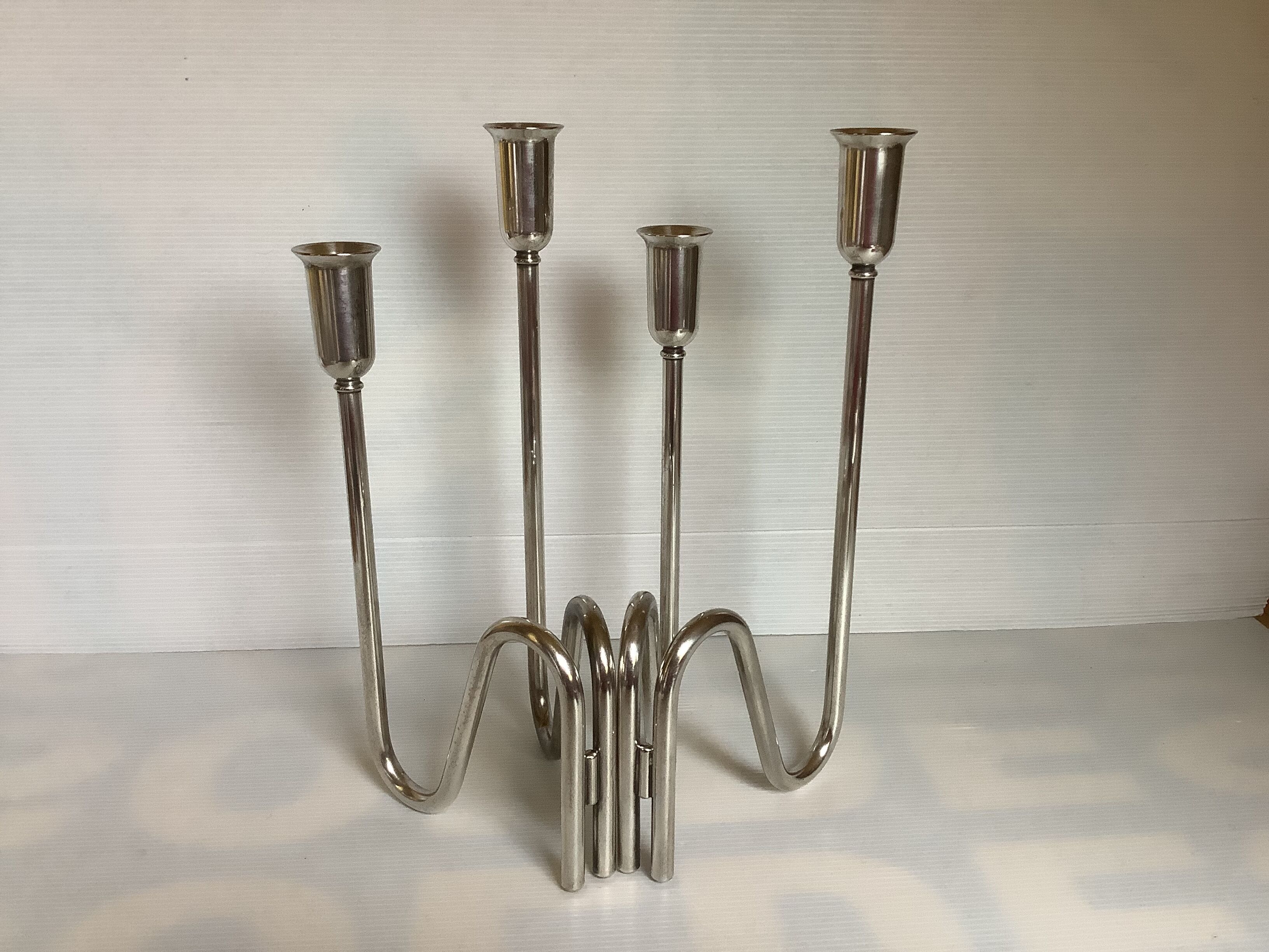 Pair of modernist candle holders silver metal PM Italy