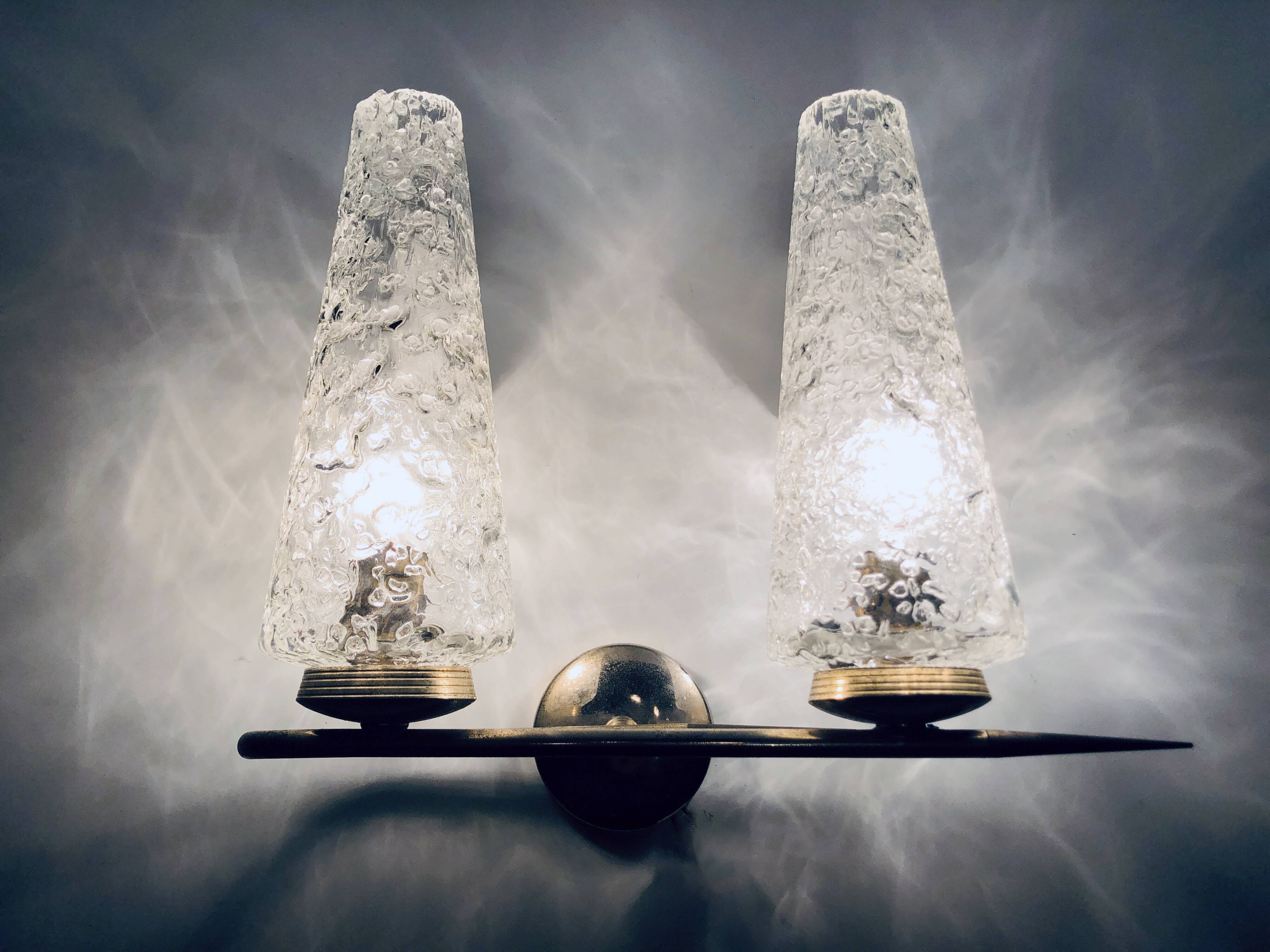 Vintage double wall light • steel, brass & glass • 1950