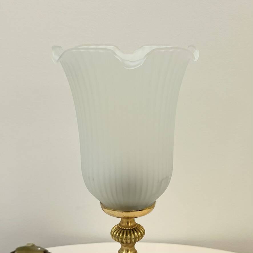 Vintage French Empire table lamp in gilded brass, opaline, pleated tulip, Belle Époque