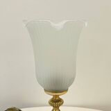 Vintage French Empire table lamp in gilded brass, opaline, pleated tulip, Belle Époque