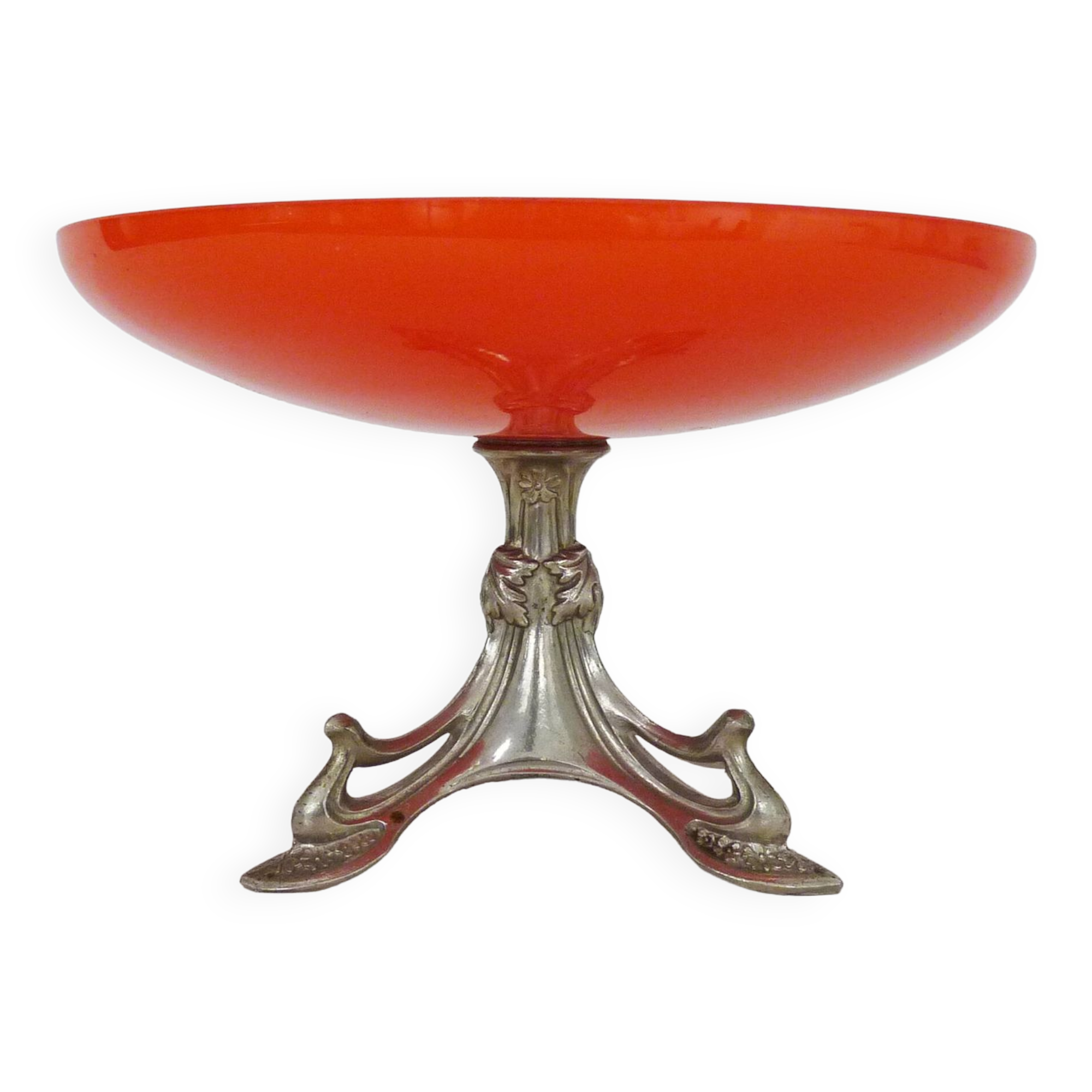 Centerpiece, Art Nouveau orange opaline fruit bowl and spelter foot